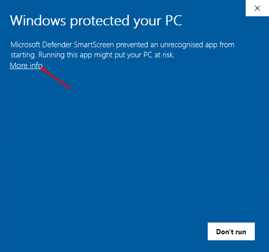 Step 3 — SmartScreen warning with More info link